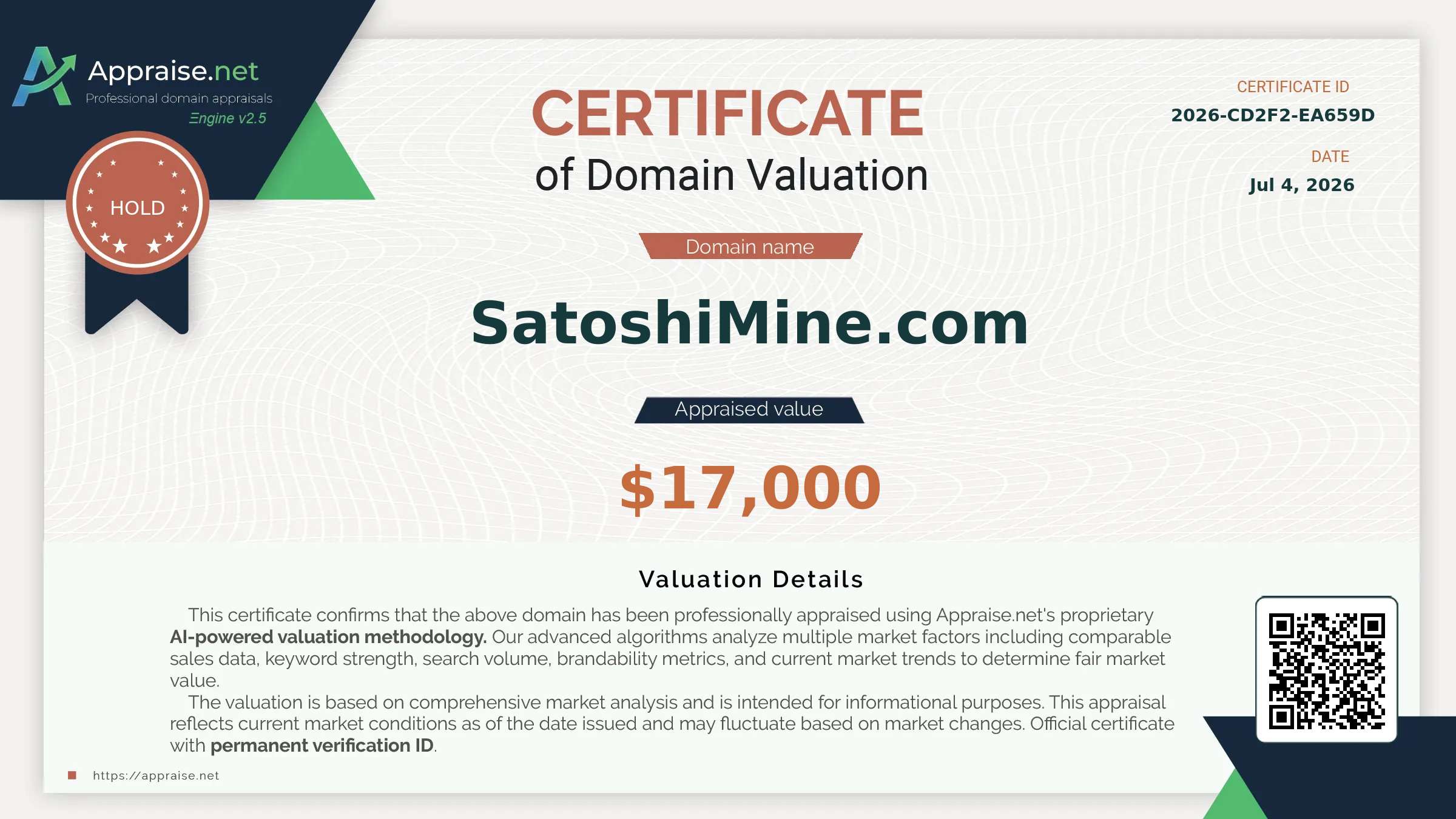 Appraise.net certificate for SatoshiMine.com